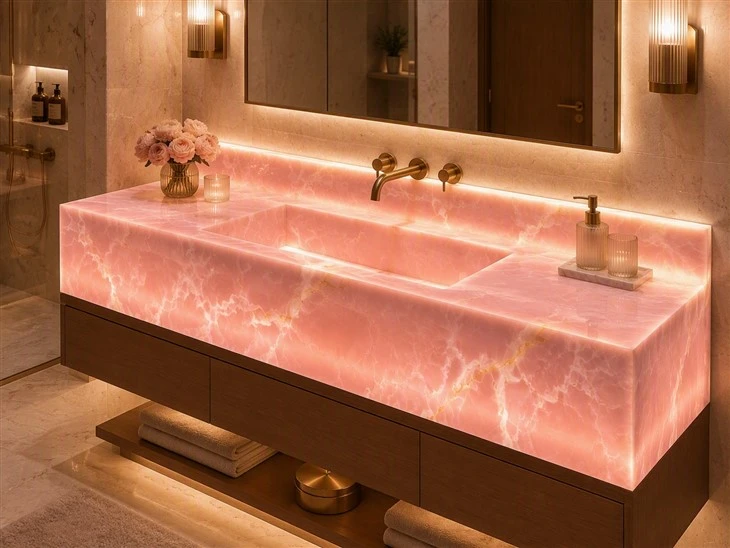 Backlit Pink Onyx bathroom vanity top with integrated sink, mitered edges and dark wood cabinetry