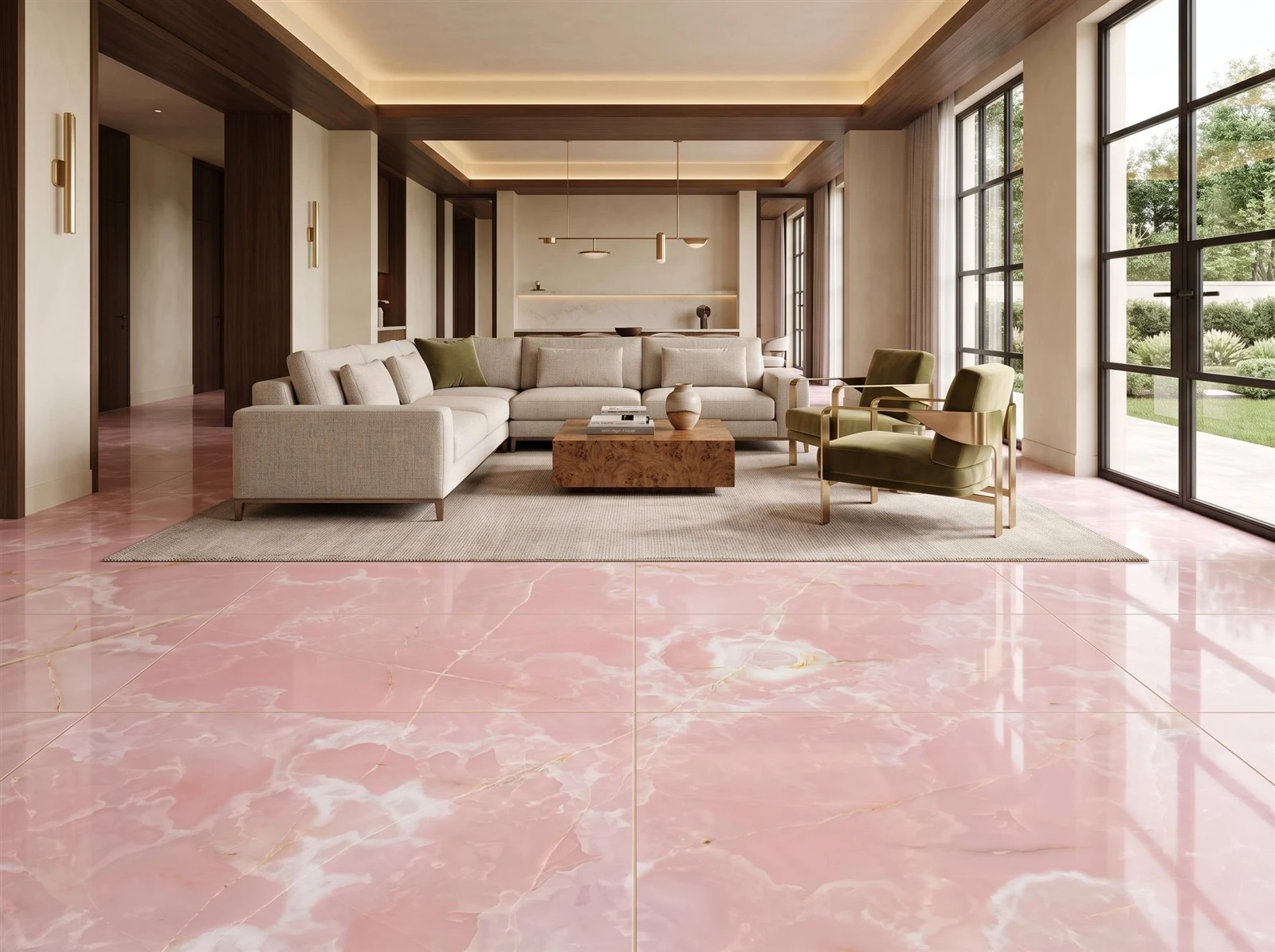 Large-format Pink Onyx floor tiles with visible grout joints in a luxury custom home living room Large-format Pink Onyx floor tiles with visible grout joints in a luxury custom home living room